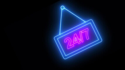 Neon 24 hours with 7days open Text Animation on black background.