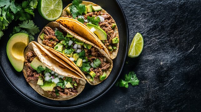Delicious carne asada tacos with avocado, cilantro, and onions.