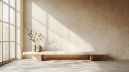 Fototapeta premium Minimalist interior with natural light, showcasing a simple bench and decorative vases.