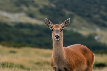 Obraz premium A deer is standing in a grassy field with its head up. Concept of calm and tranquility, as the deer appears to be enjoying its natural surroundings
