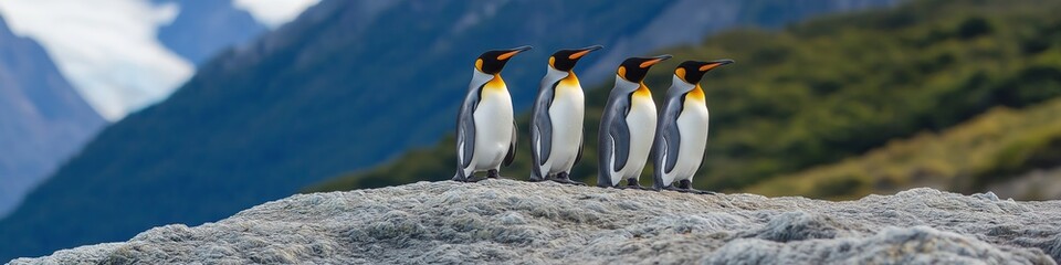Obraz premium Four penguins standing on a rocky hillside. The penguins are facing the camera and appear to be looking at it. The scene is peaceful and serene