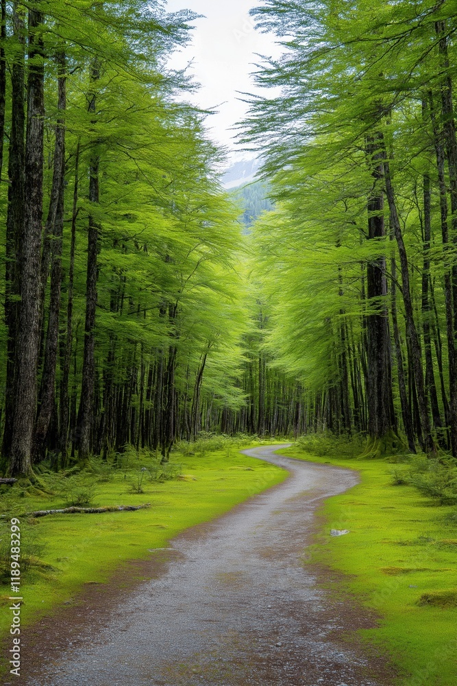 Aufkleber a path through a forest with trees on both sides. the path is made of gravel and is surrounded by gr