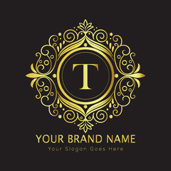 Letter Luxury brand logo design with a royal gold crown emblem and elegant typography
