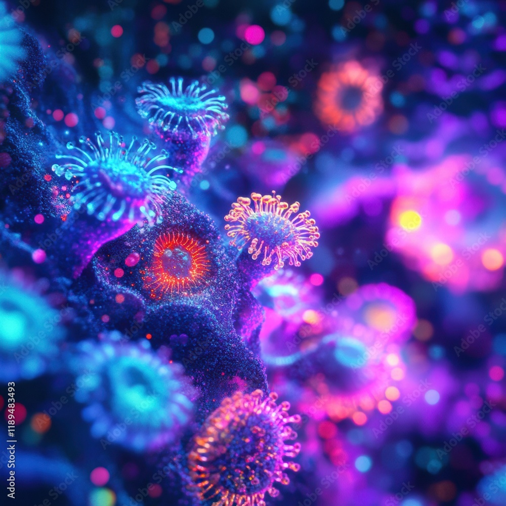 Aufkleber colorful visualization of viruses interacting with human cells in a vibrant microscopic environment.