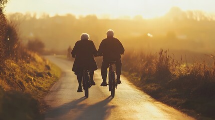 Elderly couple enjoys a peaceful bike ride along a sunlit country path during golden hour