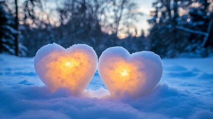 Fototapeta premium Freshly fallen snow is sculpted into a delicate, luminous heart shape on a serene winter morning. 