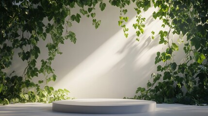 Obraz premium White circular platform surrounded by lush green vines against a light wall, illuminated by sunlight.