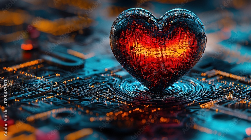 Poster heart-shaped object resting on circuit board with glowing red center light