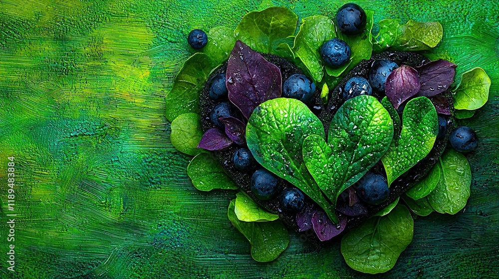 Poster an array of leaves and berries in the form of a heart on a multicolored textured background of green