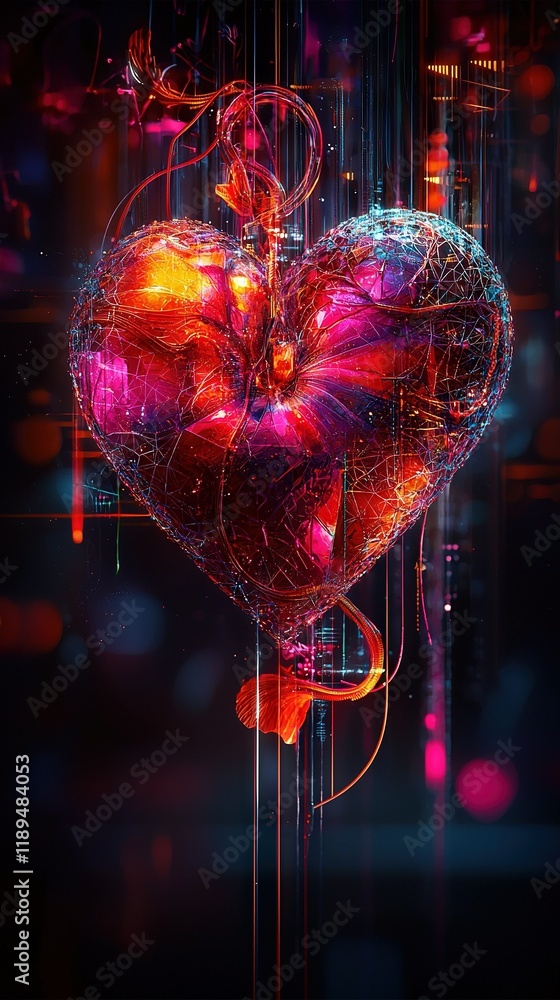 Poster a digital representation of a luminous heart set against a black backdrop with intricate lines and d