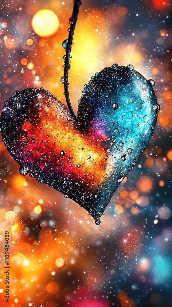 Poster heart-shaped object suspended on string with water droplets and blurred background lights