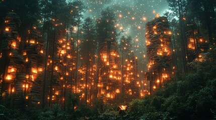 Fototapeta premium Enchanting glowing forest with mystical towers.