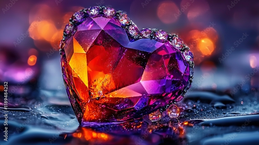 Poster close-up of heart-shaped object on surface with lights in background and water droplets on ground