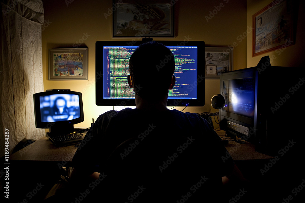 Poster hacker working late in a dimly lit room