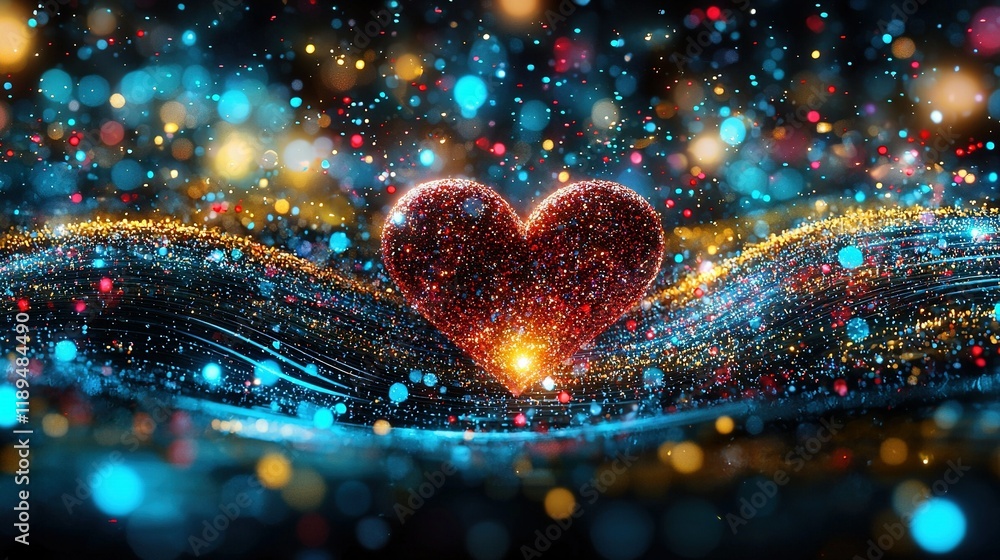 Aufkleber a heart-shaped object floats in a sea of bokeh light, with twinkling sparkles on a black canvas