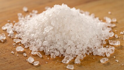 Crystals of flaky sea salt on wooden board under warm light