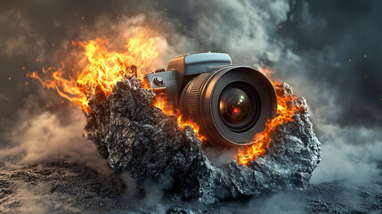Surreal stone camera with fiery lava glowing within its structure, blending rugged natural textures with vibrant molten hues, symbolizing creativity, technology, and elemental fusion