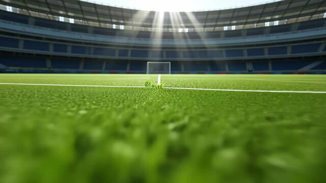 Bright sunlight shines over the pristine green football field in an empty stadium during the afternoon