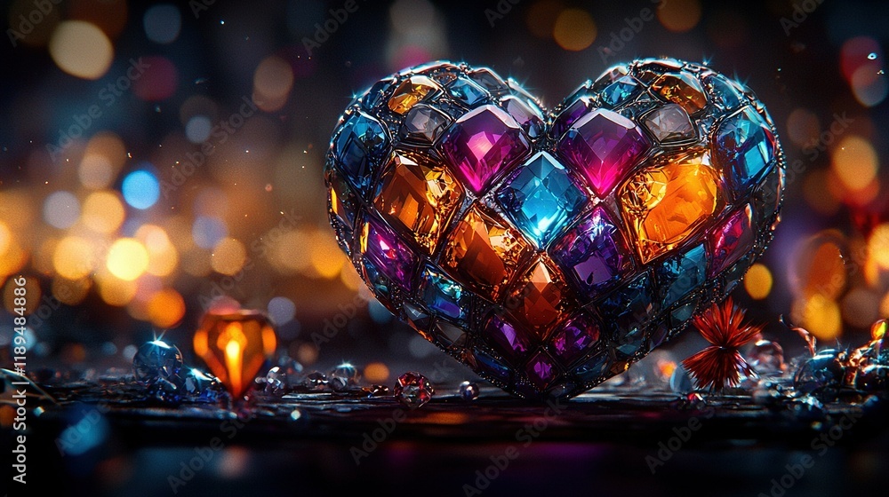 Poster a heart-shaped object sits on a table near a wall with lights and a candle in the shape of a heart