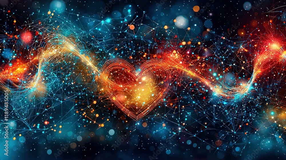 Poster an ai-generated image depicts a heart surrounded by interconnected lines and dots against a deep blu
