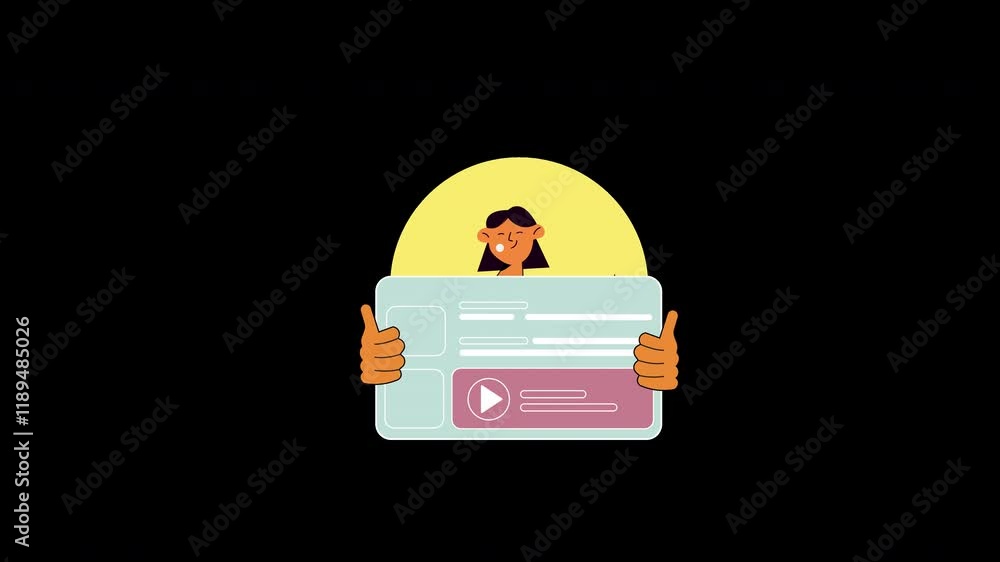 Poster a joyful woman of asian descent holds a web interface design showing buttons and information in a fl