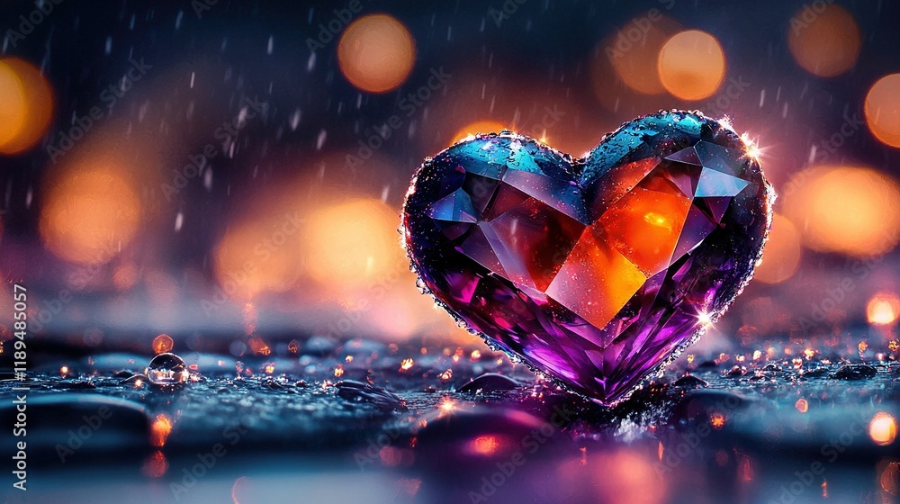 Poster close-up of heart-shaped object on wet surface with blurred background lights