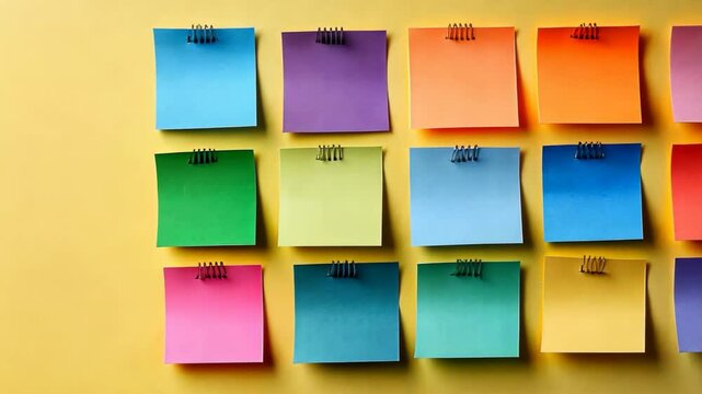 Colorful sticky notes arranged on a bright yellow wall as a tool for brainstorming ideas or organizing tasks