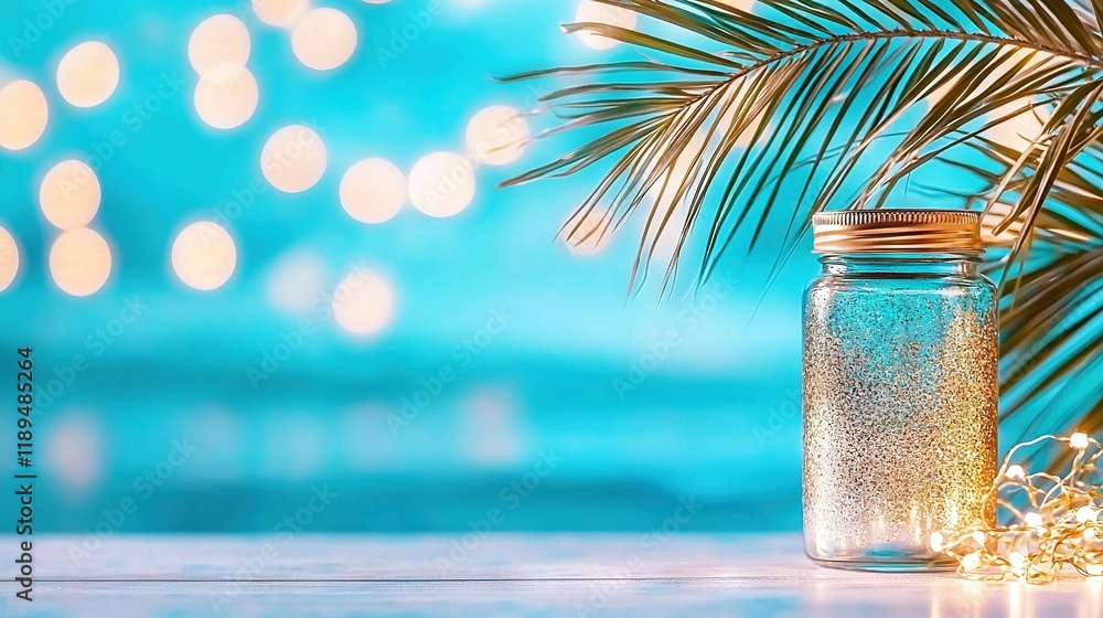 Poster a sharp focus of a glass jar on a table with a clear palm tree against a hazy backdrop
