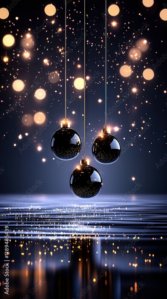 Poster a string of illuminated lights drapes over a serene water body, framed by a celestial sky dotted wit