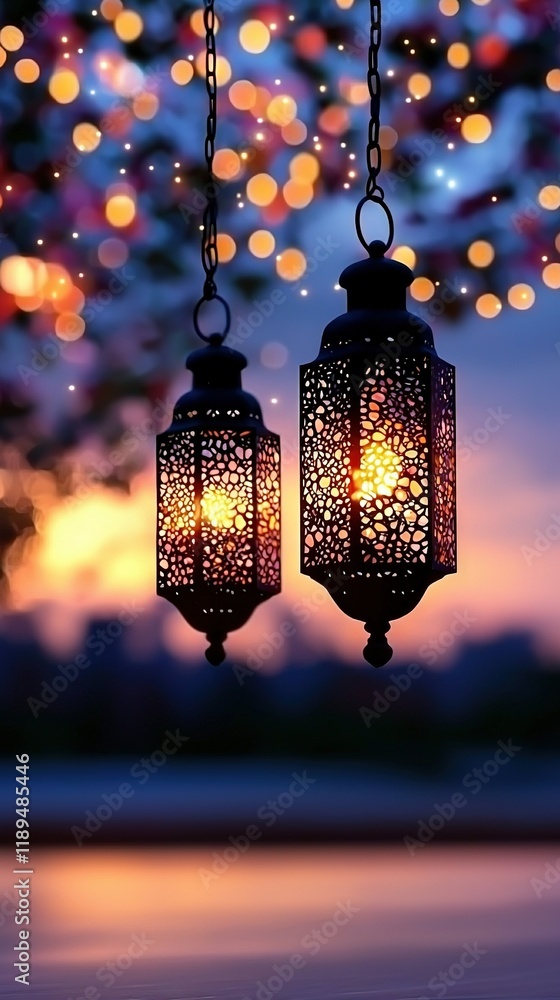 Poster two lanterns dangle from chains in front of a vase of light, with the vase illuminated in the backgr