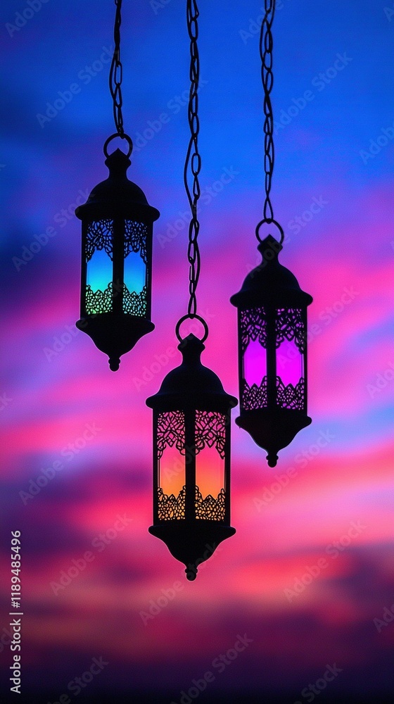 Poster lanterns dangling on chains in front of a tri-colored sky with cloudy background