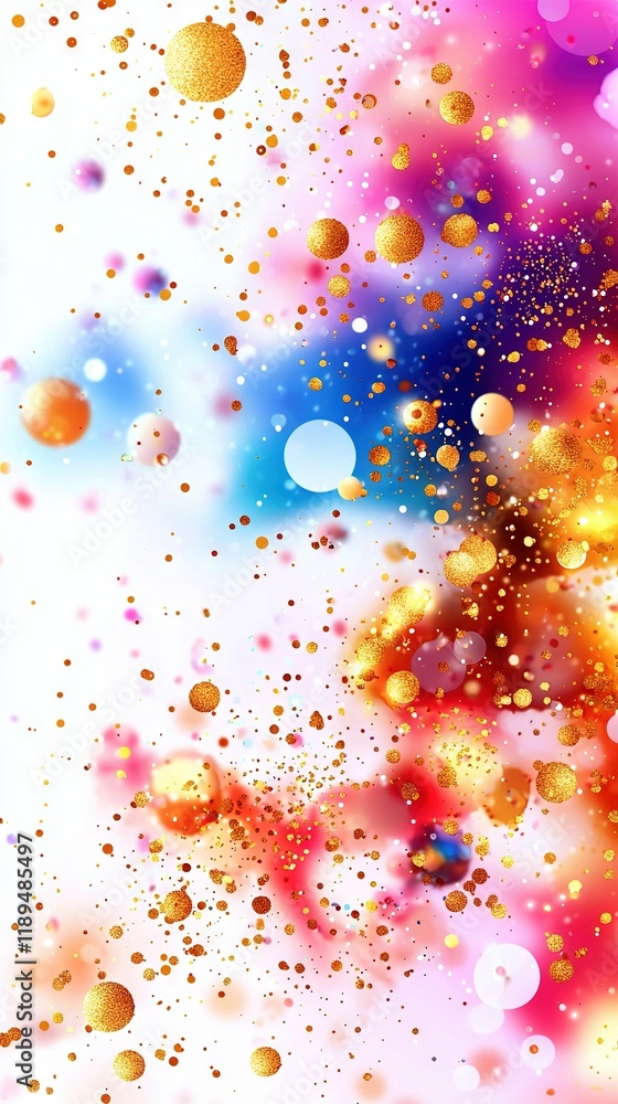 Poster a multi-colored background with numerous bubbles and confetti at the bottom, adorned with gold dots