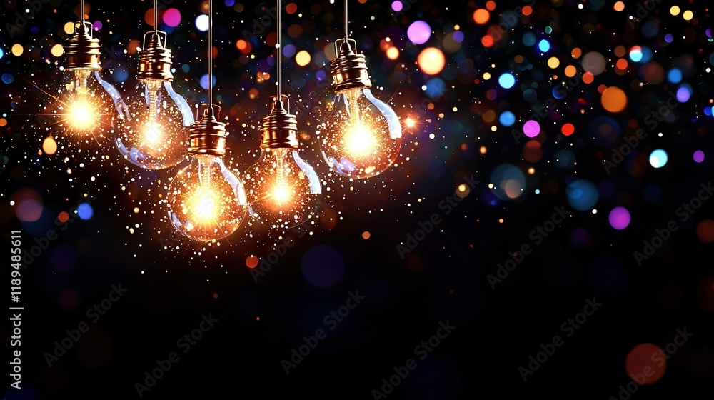 Poster a cluster of illuminations dangling from above with multiple rays emanating from one source