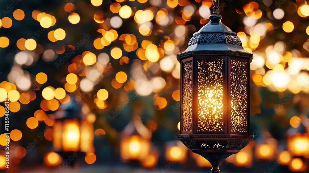 Poster a close-up of a lantern on a pole surrounded by multiple lights in a hazy, blurry bokeh background