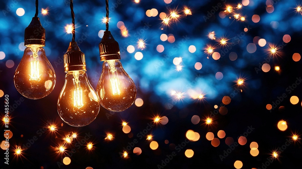 Poster light bulbs on a string in front of a starry backdrop