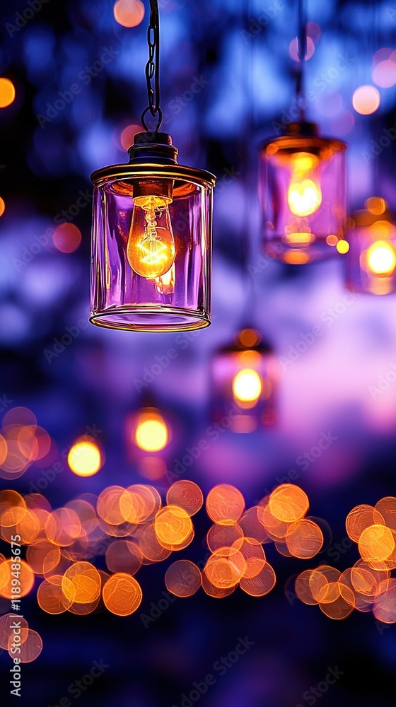 Poster a group of dangling lights on a ceiling illuminates a room with indistinct shadows behind it