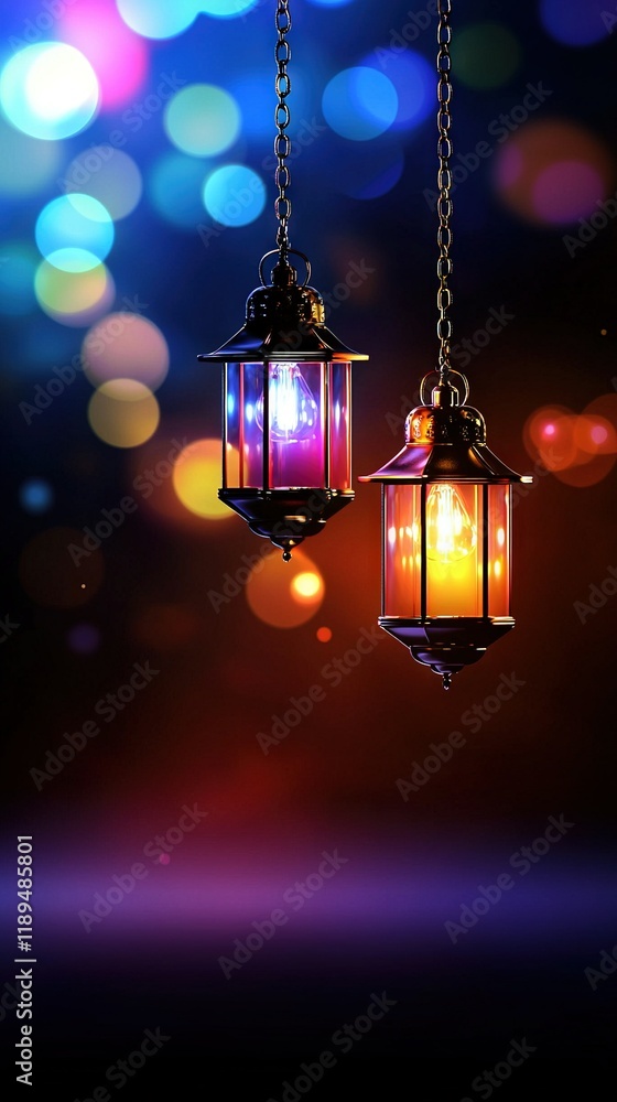 Aufkleber two lanterns dangle from chains in a dim room, illuminated by a colorful backdrop of lights