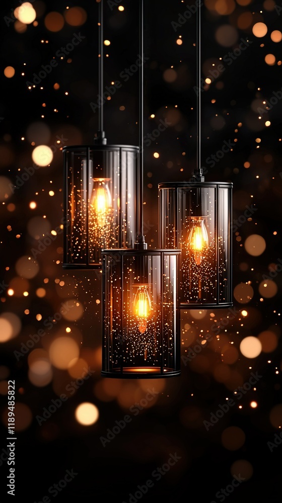 Poster a dimly lit room features an array of dangling ceiling lights, illuminated by ornate lamps suspended