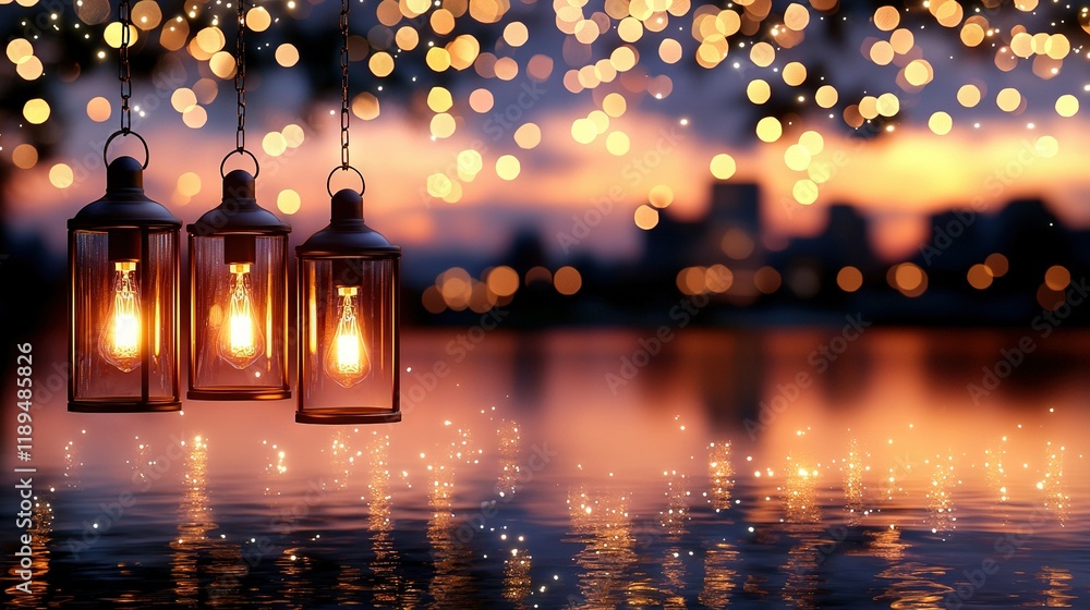 Poster three lanterns dangle on a string above a reflective water surface