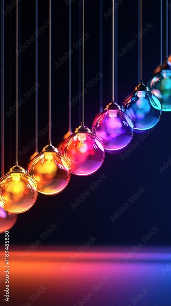 Poster a line of colorful glass balls dangling on a string in a dim room, illuminated by a rainbow light re