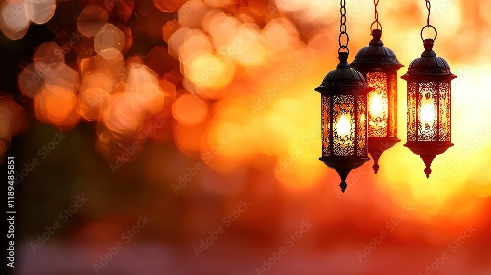 Poster a focused image of two pendant lights on a string against a hazy backdrop of foliage and surrounding