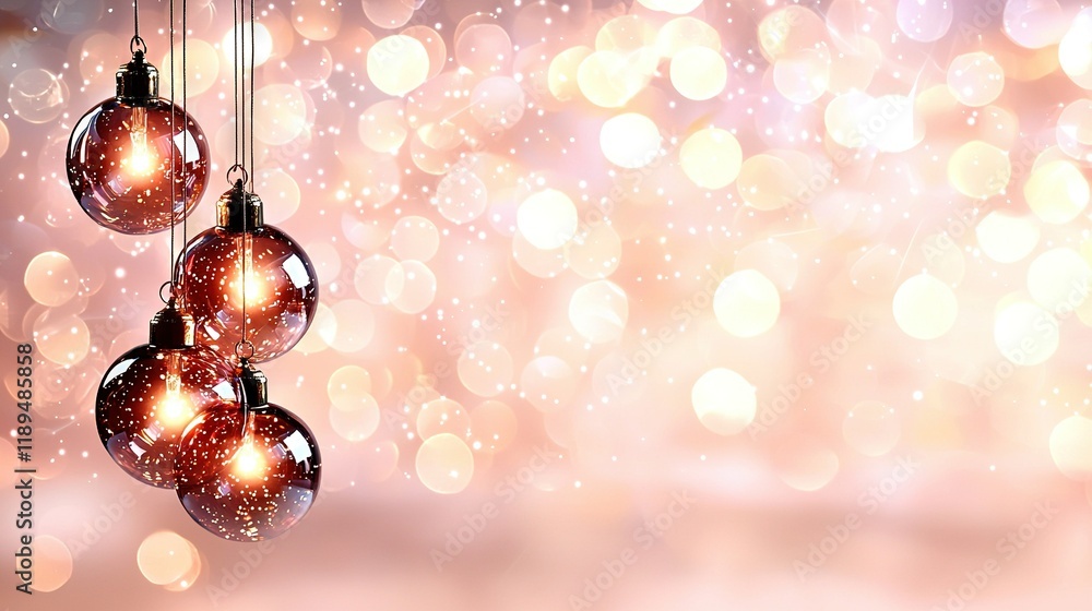 Poster a string of christmas ornaments is hung from a tree, surrounded by strings of lights