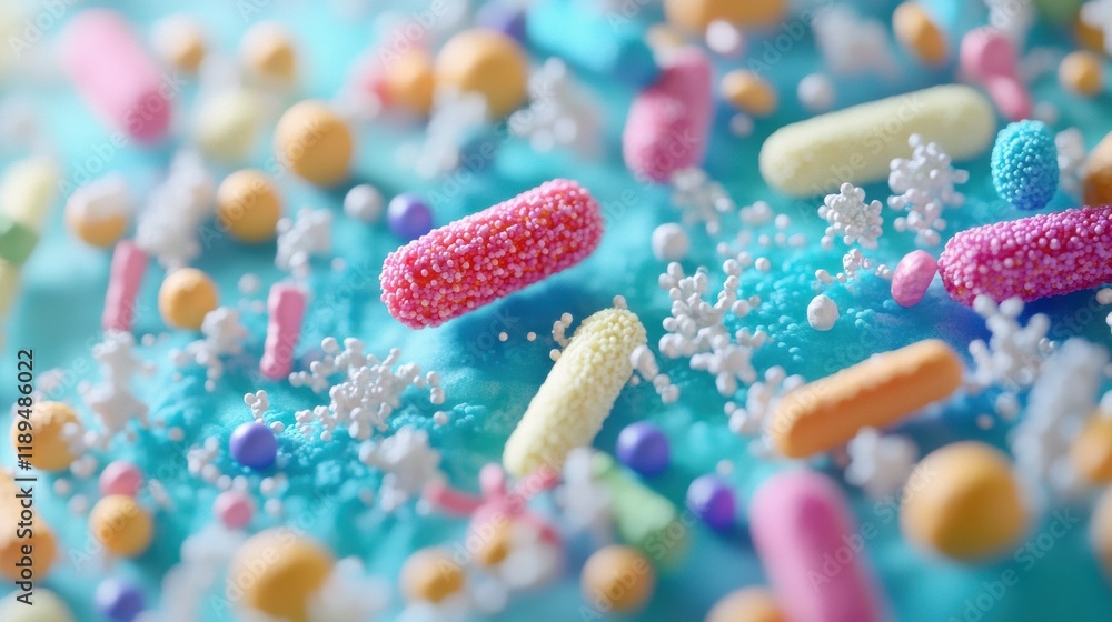 Poster close up view of diverse microbes on common surfaces like door handles and smartphones magnified for