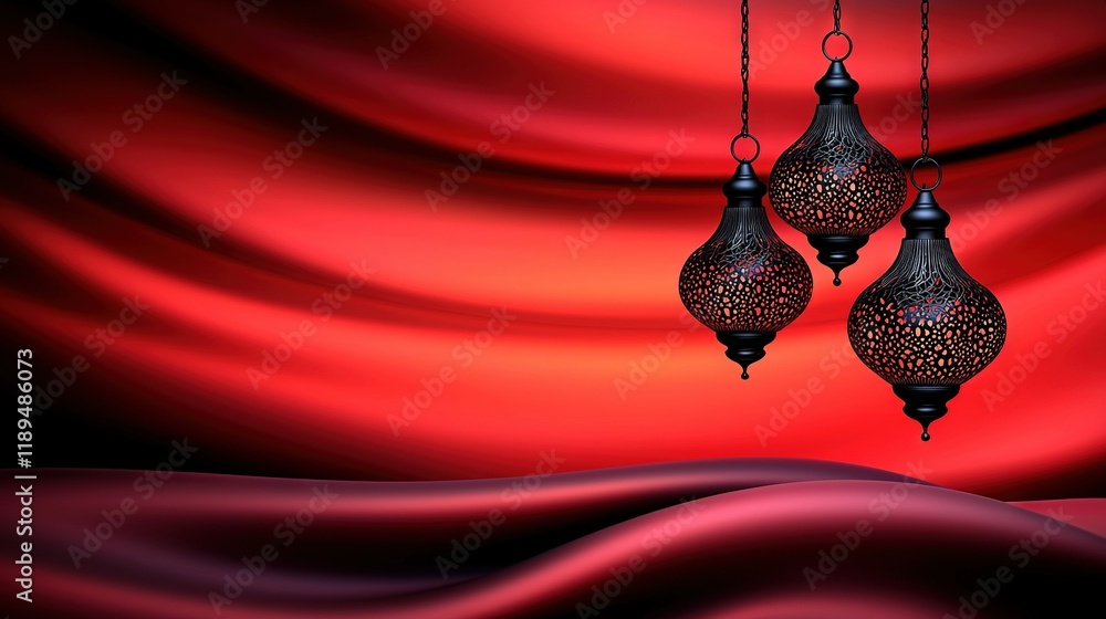 Poster a red and black background with three lamps hanging from its sides and a flowing red cloth behind th