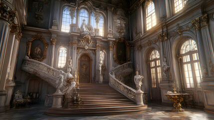 Fototapeta premium Grand opulent palace interior; ornate staircase, sunlight streams through tall windows illuminating marble statues and gilded detailing.