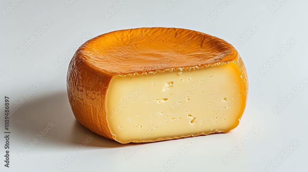 Poster round of gouda cheese with its signature wax coating positioned on white background with ample copy 
