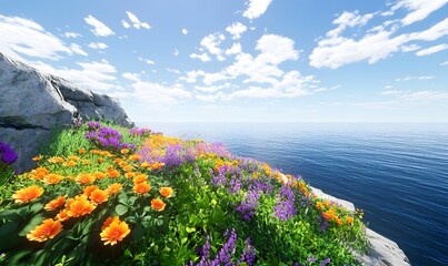 Obraz premium Vibrant wildflowers bloom on a coastal cliff overlooking a calm ocean under a sunny sky.