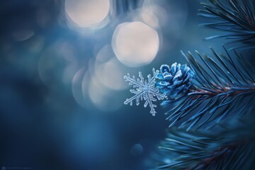 A snowflake and pine cone on a pine branch, set against a bokeh background