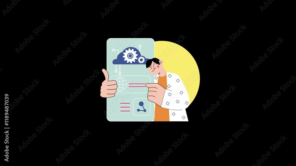 Poster a cartoon character presenting technology and data analytics, wearing a lab coat. the character appe