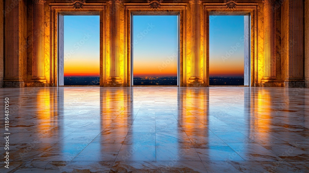 Poster an empty room facing the city with a large window to observe the sunset on the opposite side